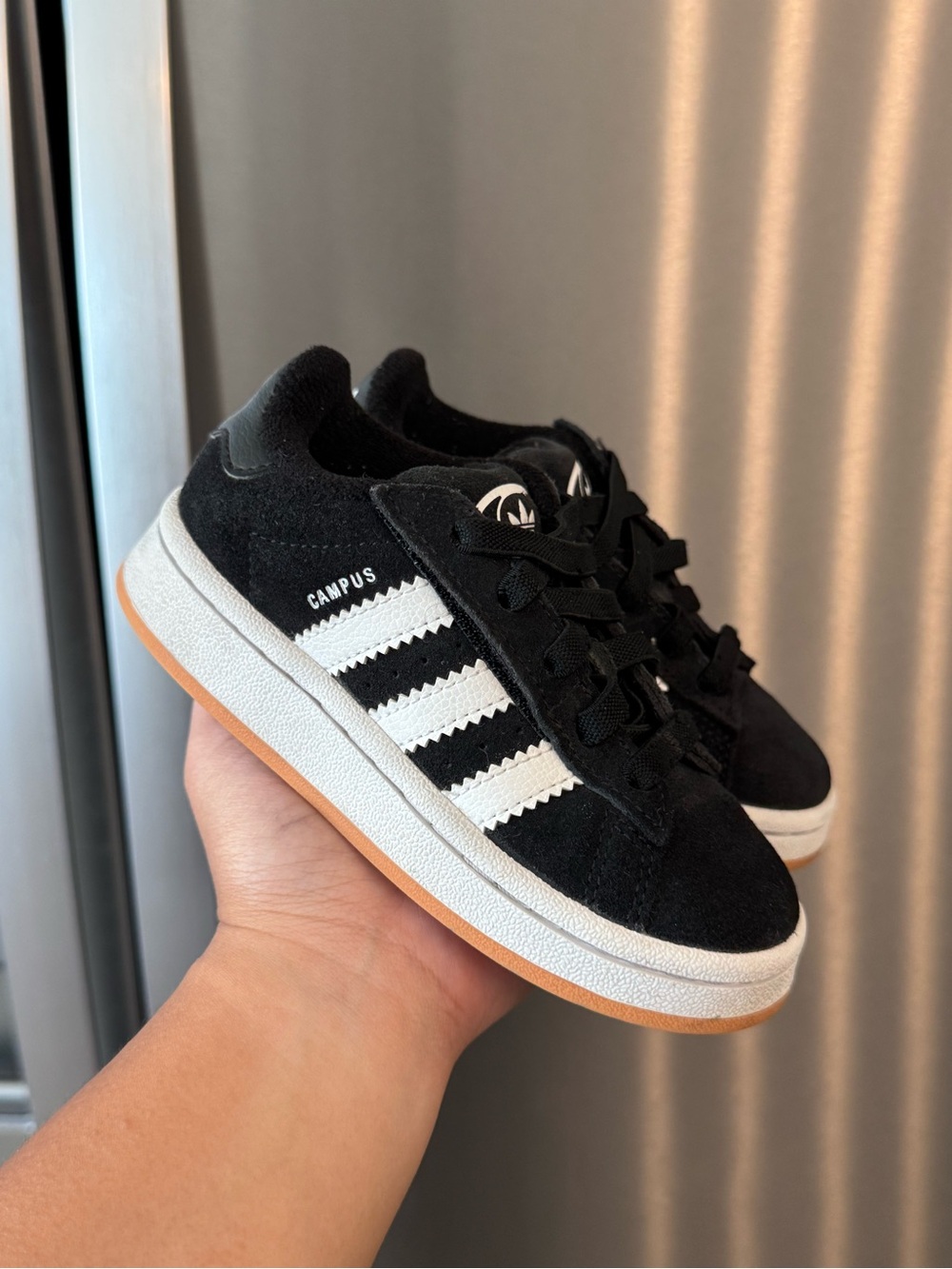 Adidas Campus Kids Black Suede White Stripe Gum Sneakers